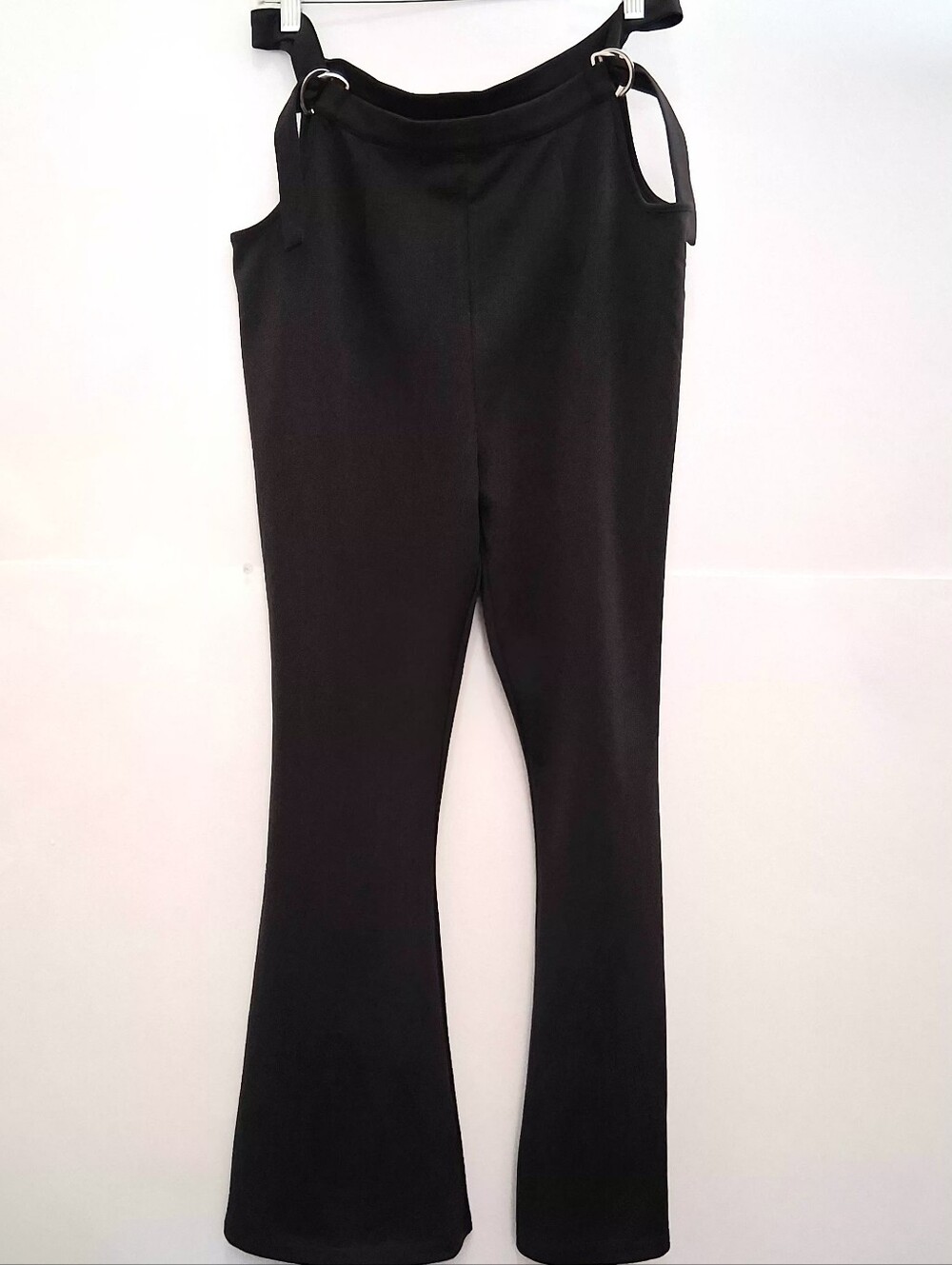 Black Women's Cut Out Waist Flared Pants with Ring Strap Belt Waist 18.5in